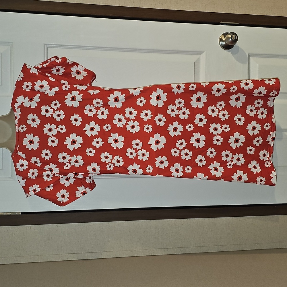 Red Floral Dress Size Small V Neck, Ruffle Sleeves, Pockets NWOT - Picture 2 of 12
